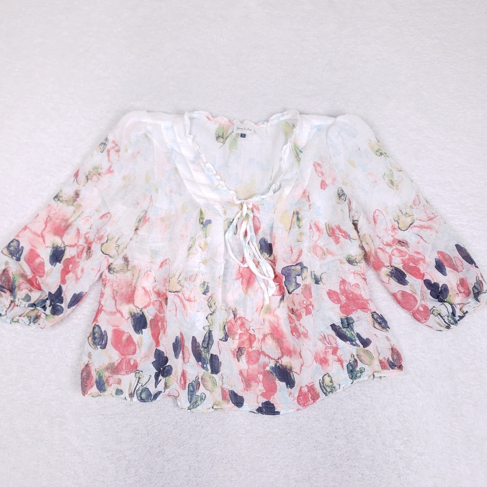 Yarn & Sea Floral Peasant Blouse‎ Womens Small Boho Watercolor Ruffle Top